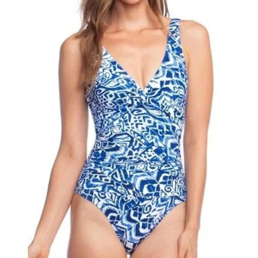Ralph Lauren Slimming Twisted One Piece Swimsuit Womens 8 Blue Ikat Ruched Beach